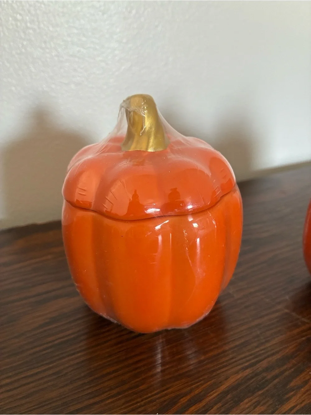 NWT- Set of 3- Orange Ceramic Pumpkin Jars with Lid & Gold Stems
